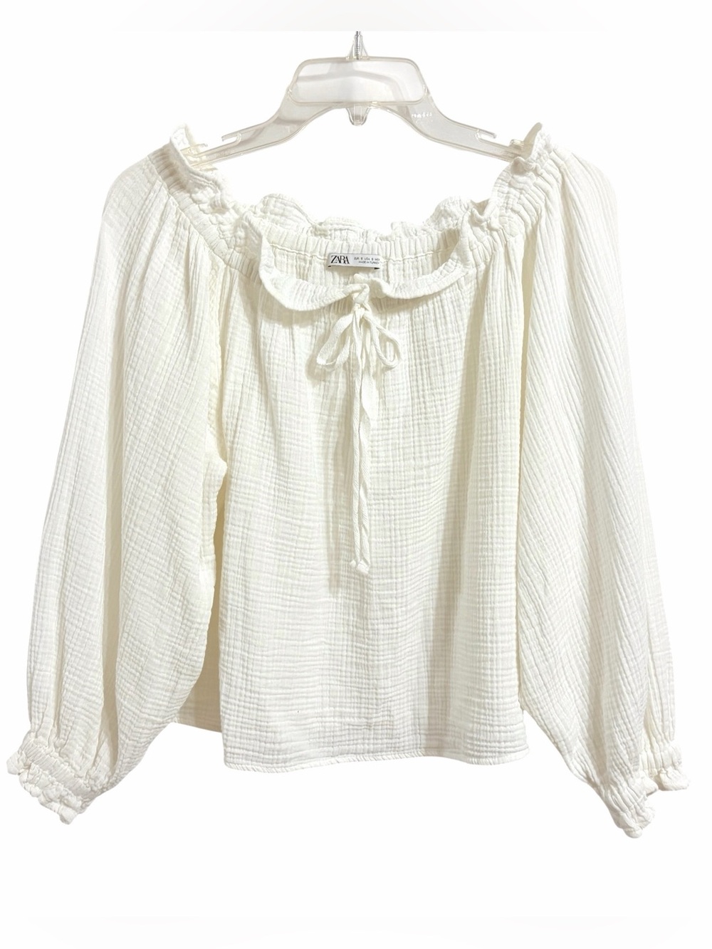 Zara Boho Peasant Gauze Cropped Top S Off White Ruffle Coastal Oversize Festival